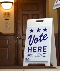 A vote here sign in the Lake City City Hall lobby Tuesday. Voting for Lake City Precincts 3 and 1 took place in the ballroom on the second floor.